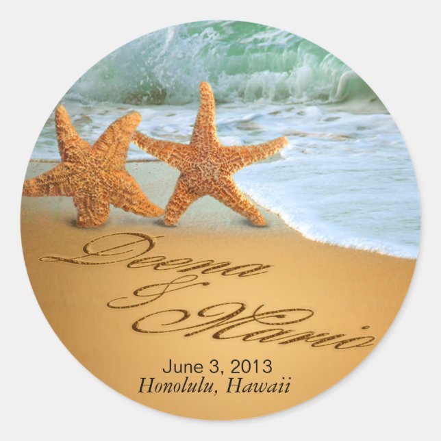 Starfish Couple ASK ME TO PUT NAMES IN THE SAND Classic Round Sticker (Front)