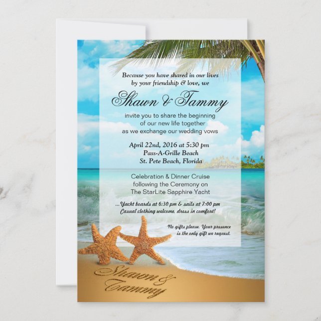 Starfish Couple Faux Vellum Overlay Embellishment Invitation (Front)