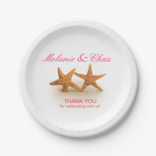 Starfish Couple on the Beach Party fuchsia Paper Plate