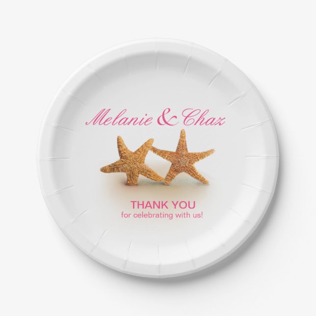 Starfish Couple on the Beach Party | fuchsia Paper Plate (Front)