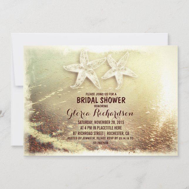 Starfish couple & sea foam beach bridal shower invitation (Front)