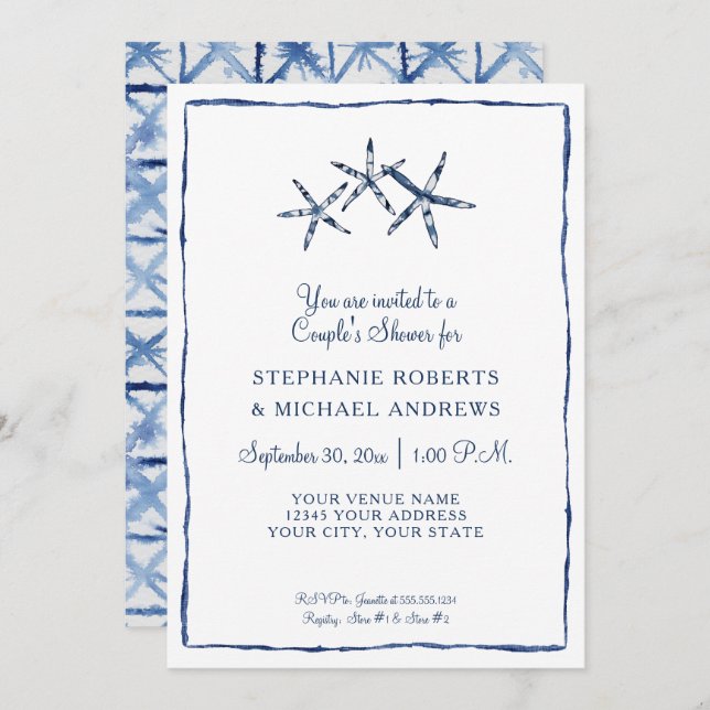 Starfish Couples Shower Shibori Indigo Blue Beach Invitation (Front/Back)