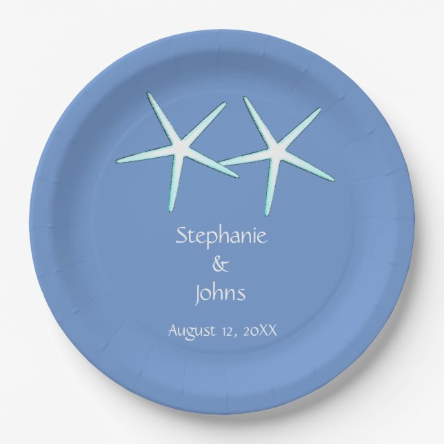 Starfish Cute Couple Cornflower Blue Weddings 2021 Paper Plate (Front)