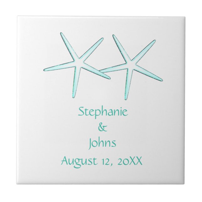 Starfish Cute Couple Teal Blue White 2022 Weddings Ceramic Tile (Front)