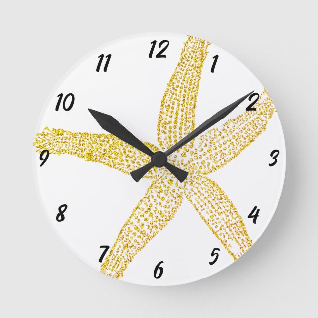 Starfish Gold Glitter Yellow White Beach House Round Clock (Front)