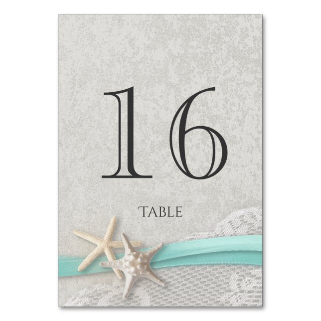 Starfish Grey and Aqua Ribbon Table Number Card (Back)
