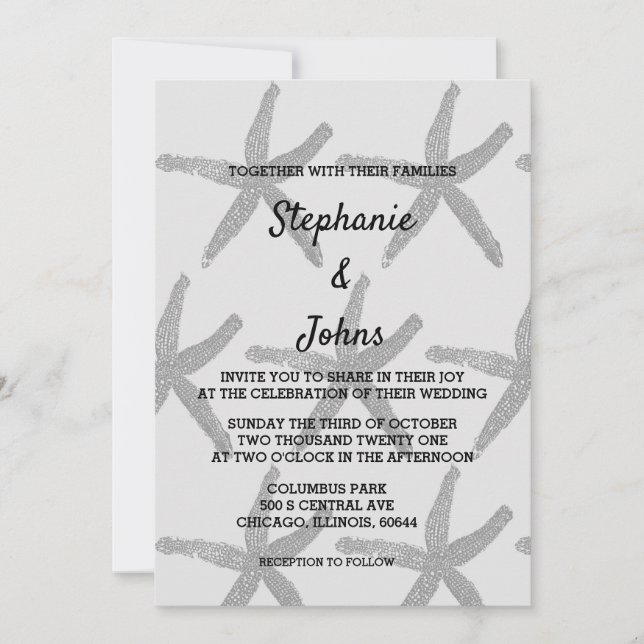 Starfish Grey Black White Trendy Beach Wedding Invitation (Front)