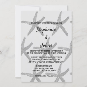 Starfish Grey Black White Trendy Beach Wedding Invitation