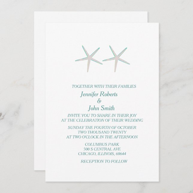 Starfish Grey Teal White Elegant Nautical Wedding Invitation (Front/Back)