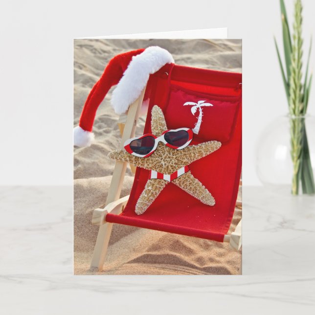 Starfish in beach chair with Santa hat Holiday Card (Front)