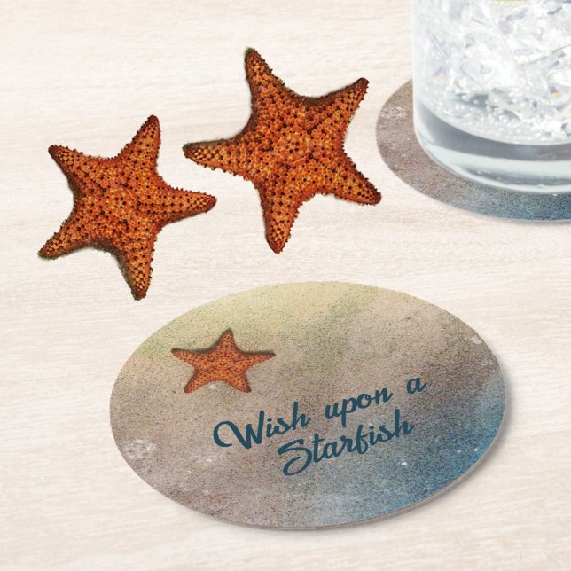 Starfish in Sand and Surf Beachy Coastal Round Paper Coaster (Creator Uploaded)