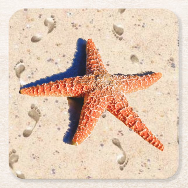 Starfish in the sand  square paper coaster (Front)