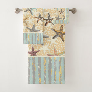 Starfish in the Sand with Seaweed Stripes Bath Towel Set