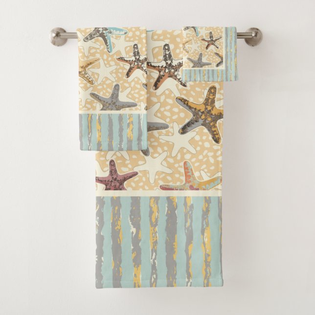 Starfish in the Sand with Seaweed Stripes Bath Towel Set (Insitu)