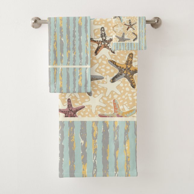 Starfish in the Sand with Seaweed Stripes Bath Towel Set (Insitu)
