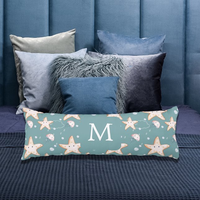 Starfish jellyfish green dark cyan monogram body cushion (Creator Uploaded)