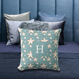 Starfish jellyfish green dark cyan monogram cushion