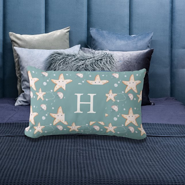 Starfish jellyfish green dark cyan monogram lumbar cushion (Creator Uploaded)