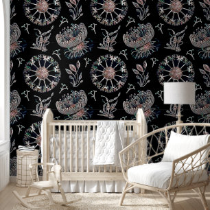 Starfish Jellyfish Seaweed Black Pattern Wallpaper