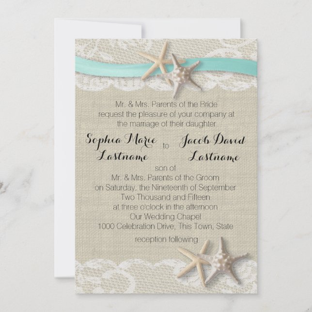 Starfish Lace and Ribbon Invitation (Front)