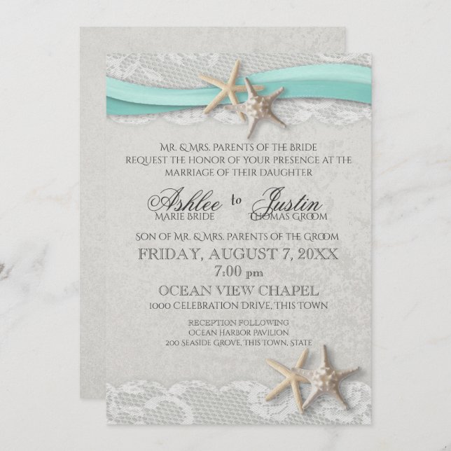 Starfish Lace Grey and Aqua Wedding Invitation (Front/Back)