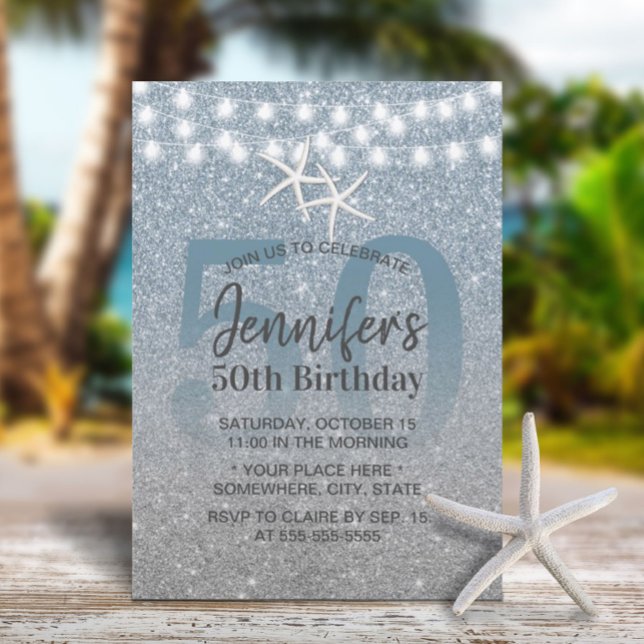 Starfish Modern Dusty Blue Glitter 50th Birthday Invitation (Creator Uploaded)