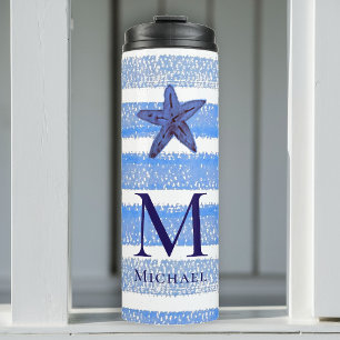 Starfish Monogram Beach Nautical Stripe Watercolor Thermal Tumbler