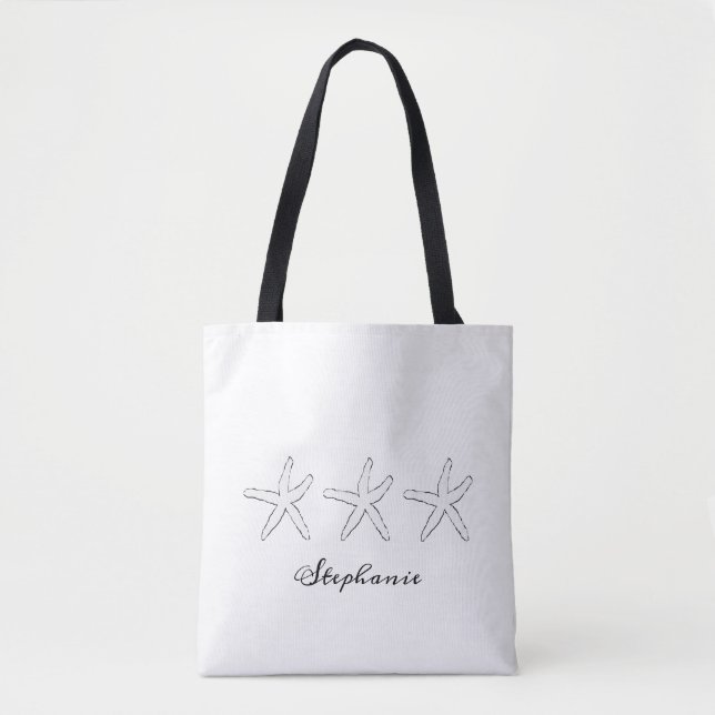 Starfish Monogram Cute Nautical Black White Pretty Tote Bag (Front)