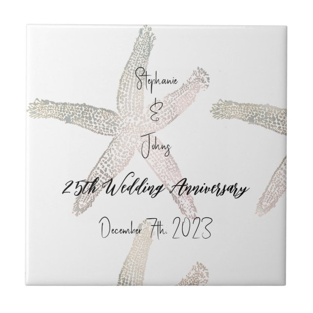Starfish Monograms 25th Wedding Anniversary Custom Ceramic Tile (Front)