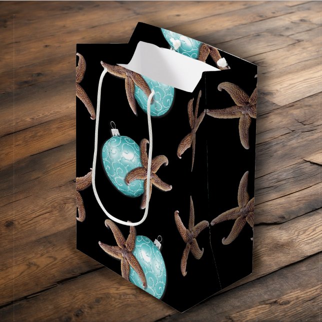Starfish n Aqua Ornaments Black Christmas Medium Gift Bag (Creator Uploaded)