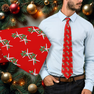 Starfish n Holly Bright Red Christmas Season Tie