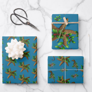 Starfish n Holly Sea Blue Beach Christmas Wrapping Paper Sheet
