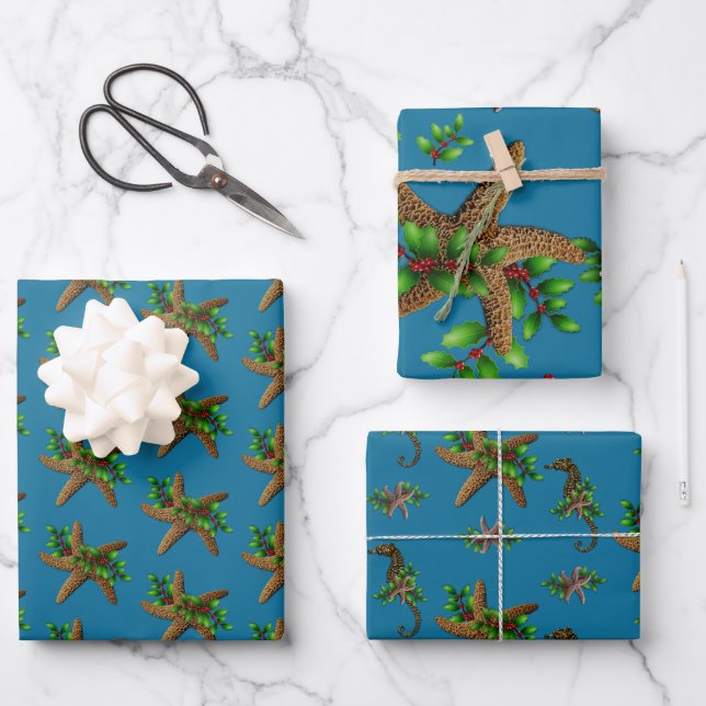 Starfish n Holly Sea Blue Beach Christmas Wrapping Paper Sheet (Front)