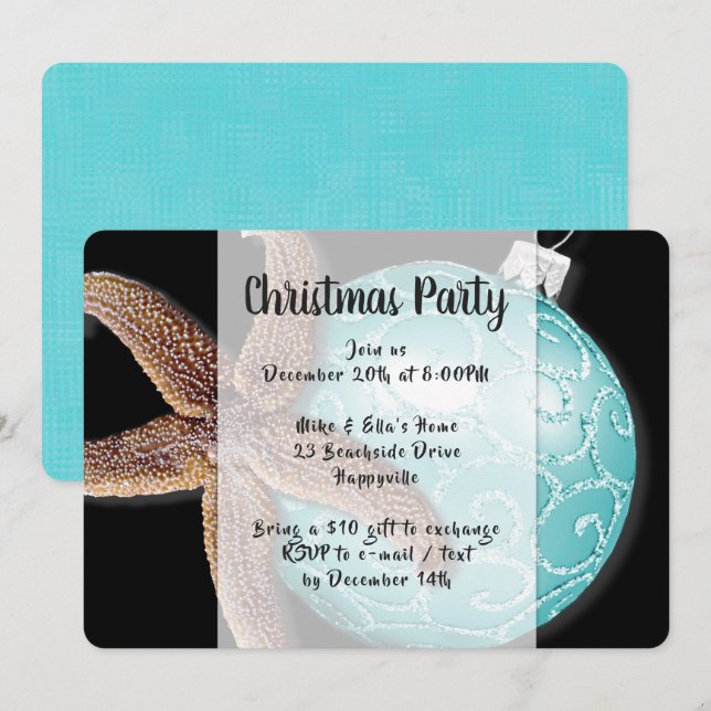 Starfish n Ornament Coastal Christmas Party Invite (Front/Back)