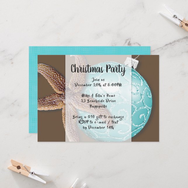 Starfish n Ornament Coastal Christmas Party Invite (Front/Back In Situ)