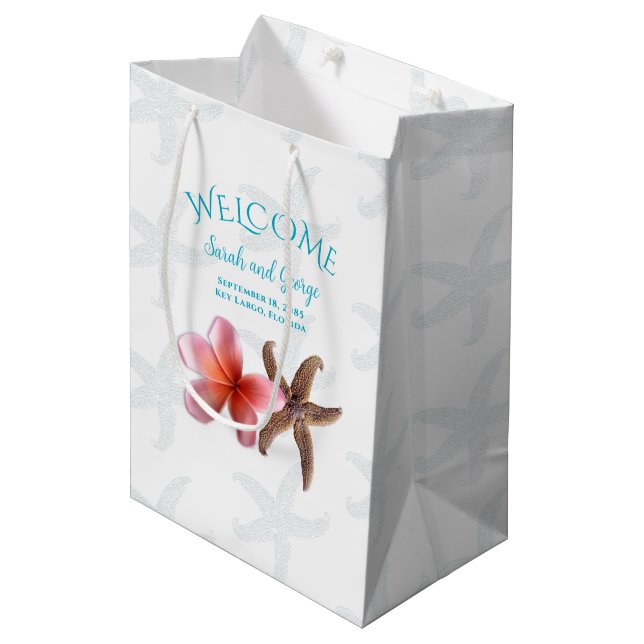 Starfish n Plumeria Destination Wedding Welcome Medium Gift Bag (Front Angled)