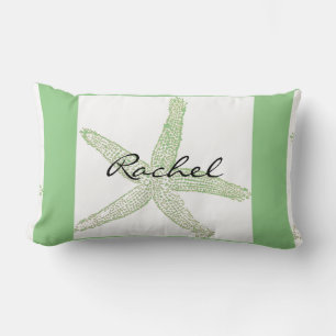Starfish Name Template Beach Sage Green White Lumbar Cushion