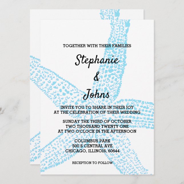 Starfish Nautical Blue White Beach Cute Wedding Invitation (Front/Back)