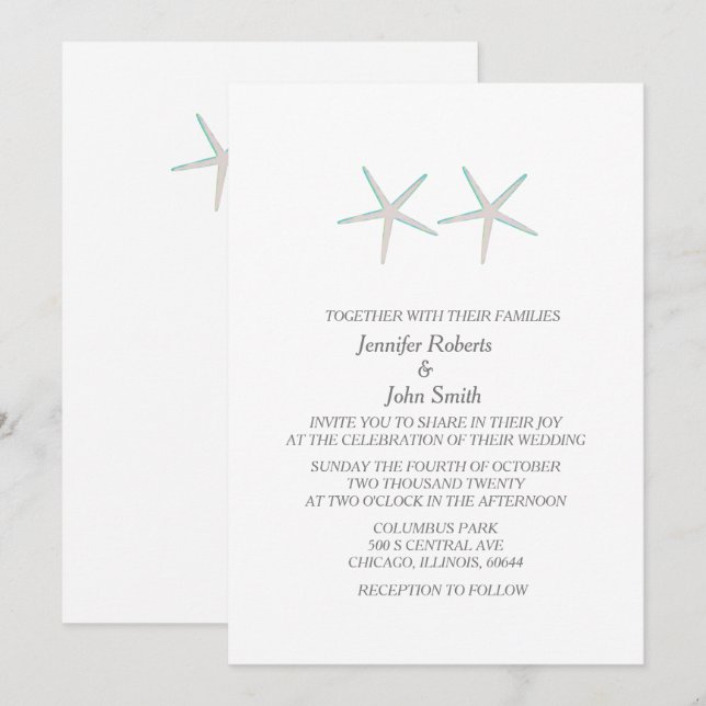 Starfish Nautical Grey Teal White Elegant Wedding Invitation (Front/Back)