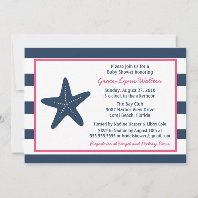 Starfish Nautical Shower Invitation, Navy and Pink Invitation (Front)