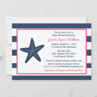 Starfish Nautical Shower Invitation, Navy and Pink Invitation