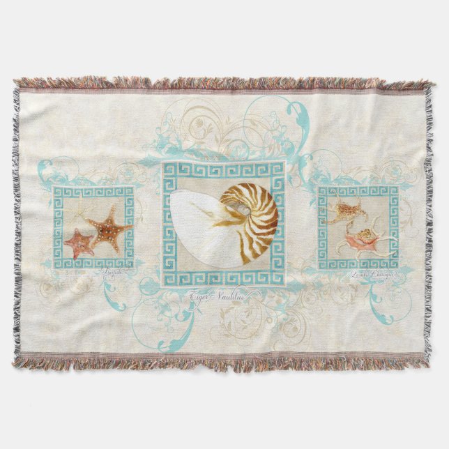 Starfish Nautilus Conch Sea Shells Ocean Greek Key Throw Blanket (Front)