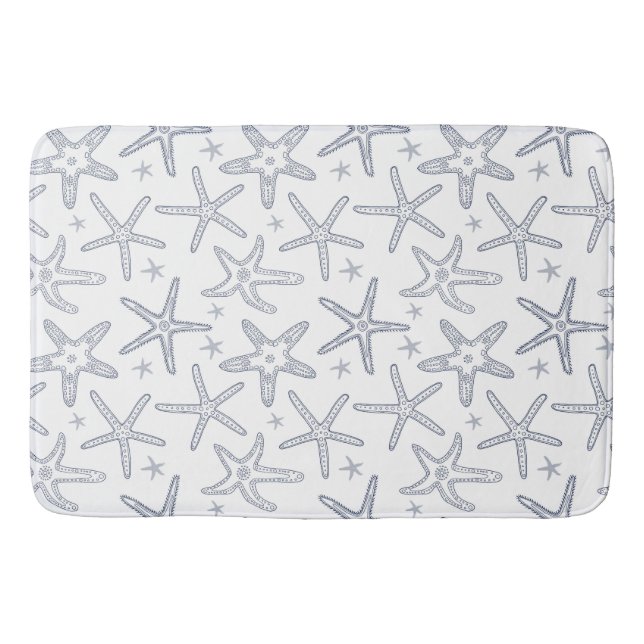 Starfish Navy Blue and White Coastal Sealife Print Bath Mat (Front)