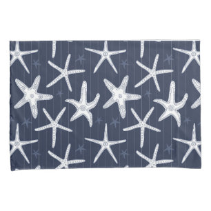 Starfish Navy Blue and White Patterned Coastal Pillowcase
