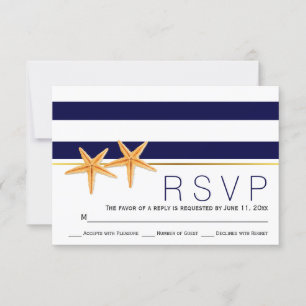 Starfish & navy blue stripes beach wedding RSVP Card