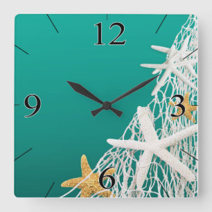 Starfish Netting Beach Coastal Living   aqua Square Wall Clock