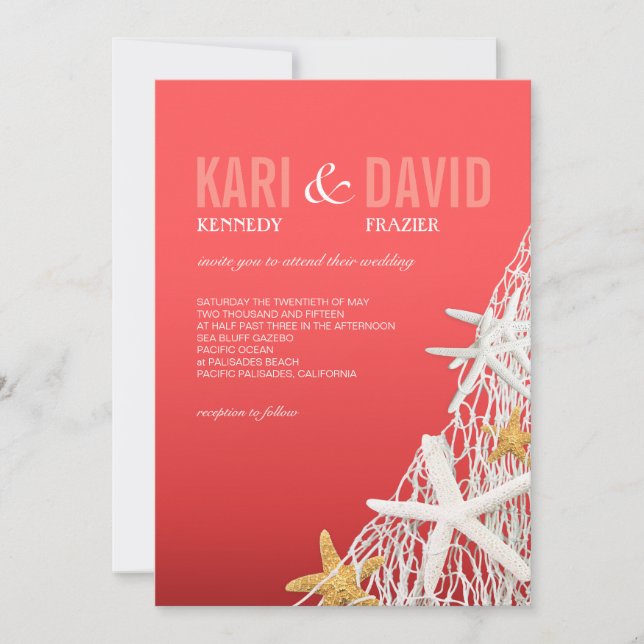 Starfish Netting Beach Wedding | coral Invitation (Front)