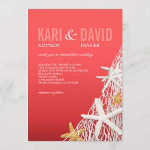 Starfish Netting Beach Wedding coral Invitation