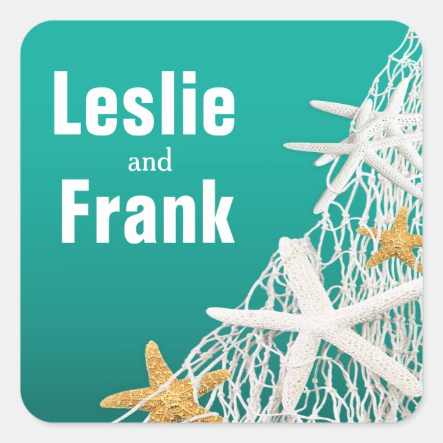 Starfish Netting Beach Wedding Favour | aqua Square Sticker (Front)