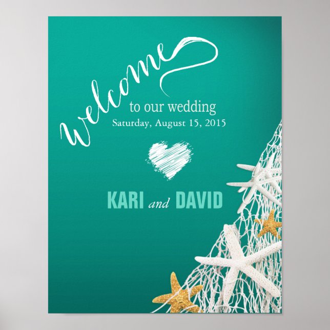 Starfish Netting Beach Wedding Welcome Sign aqua (Front)